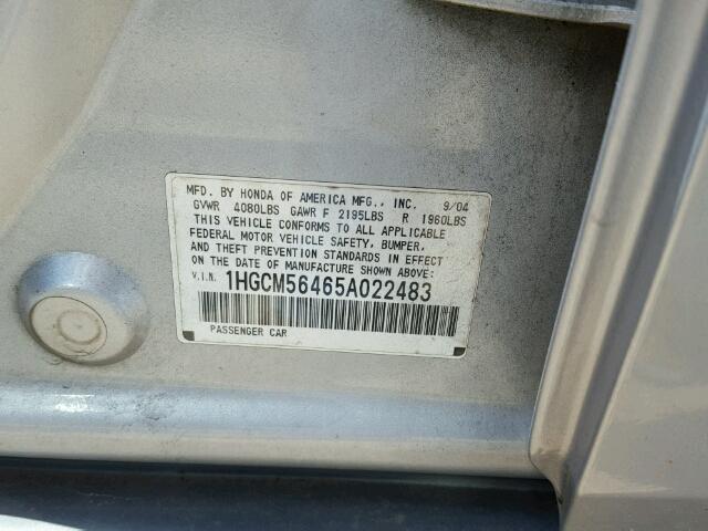 1HGCM56465A022483 - 2005 HONDA ACCORD LX SILVER photo 10