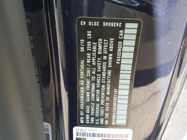 WVWBA7AH3BV001197 - 2011 VOLKSWAGEN EOS KOMFOR ლურჯი ფოტო 10