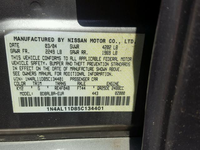 1N4AL11D85C134401 - 2005 NISSAN ALTIMA S SILVER photo 10