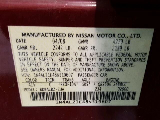 1N4AL21E48N519607 - 2008 NISSAN ALTIMA 2.5 RED photo 10