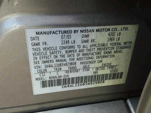 1N4AL11D85N929808 - 2005 NISSAN ALTIMA S BEIGE photo 10