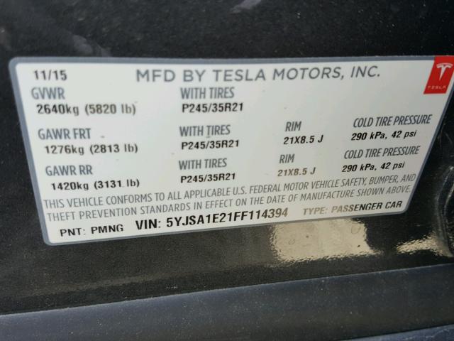 5YJSA1E21FF114394 - 2015 TESLA MODEL S GRAY photo 10