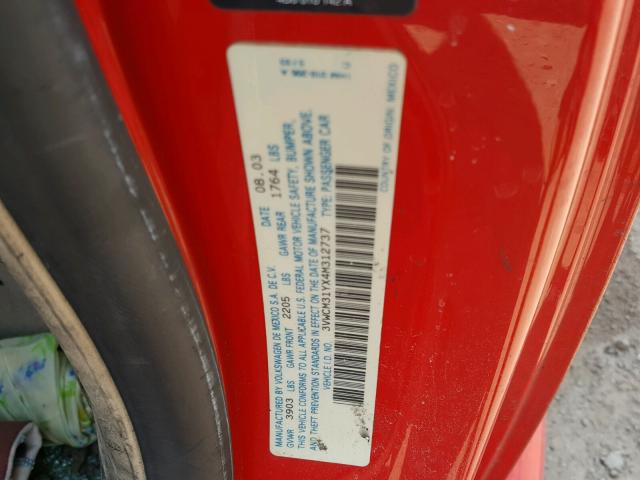 3VWCM31YX4M312737 - 2004 VOLKSWAGEN NEW BEETLE 烧焦的 照片 10