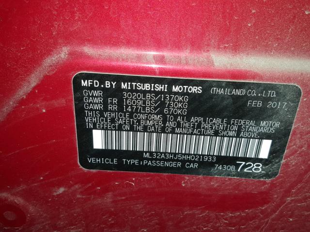 ML32A3HJ5HH021933 - 2017 MITSUBISHI MIRAGE ES RED photo 10