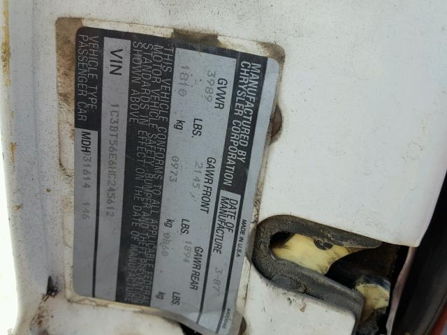 1C3BT56E6HC245612 - 1987 CHRYSLER NEW YORKER 白色 照片 10