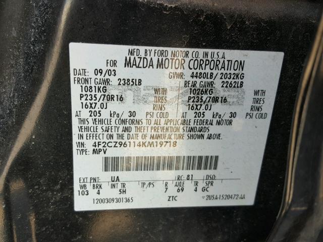 4F2CZ96114KM19718 - 2004 MAZDA TRIBUTE ES 黑色 照片 10