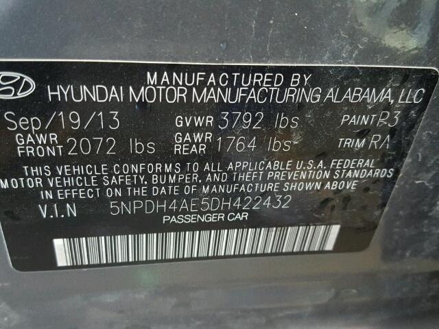 5NPDH4AE5DH422432 - 2013 HYUNDAI ELANTRA GL GRAY photo 10