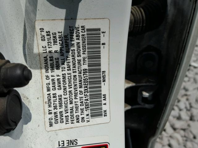 19XFA1F3XAE051769 - 2010 HONDA CIVIC VP WHITE photo 10