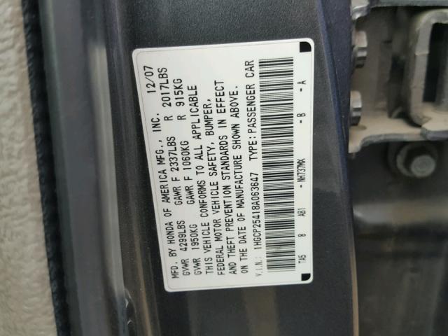 1HGCP25418A063647 - 2008 HONDA ACCORD LXP CHARCOAL photo 10