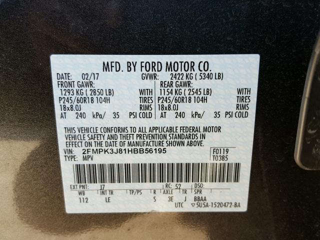 2FMPK3J81HBB56195 - 2017 FORD EDGE SEL CHARCOAL photo 10