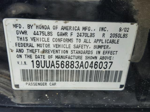 19UUA56883A046037 - 2003 ACURA 3.2TL TYPE BLACK photo 10