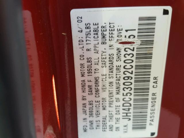 JH4DC53092C032351 - 2002 ACURA RSX TYPE-S RED photo 10