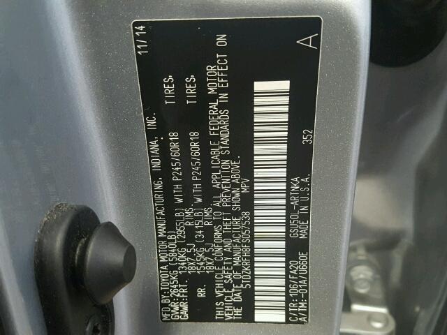 5TDZKRFH8FS057538 - 2015 TOYOTA HIGHLANDER SILVER photo 10