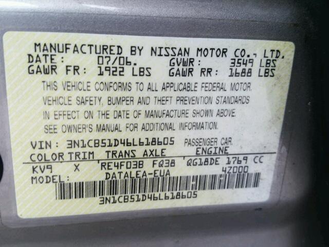 3N1CB51D46L618605 - 2006 NISSAN SENTRA 1.8 BEIGE photo 10