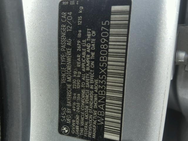 WBANB335X5B089075 - 2005 BMW 545 I SILVER photo 10