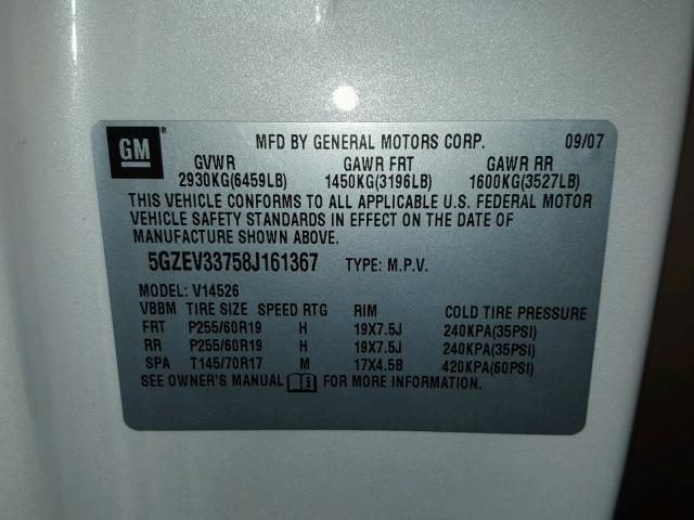 5GZEV33758J161367 - 2008 SATURN OUTLOOK XR თეთრი ფოტო 10