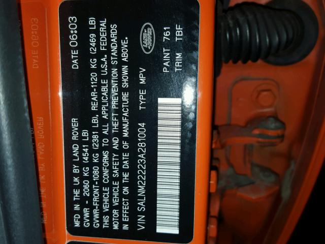 SALNM22223A281004 - 2003 LAND ROVER FREELANDER ORANGE photo 10