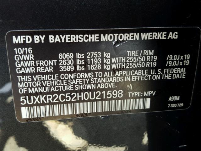 5UXKR2C52H0U21598 - 2017 BMW X5 SDRIVE3 CHARCOAL photo 10