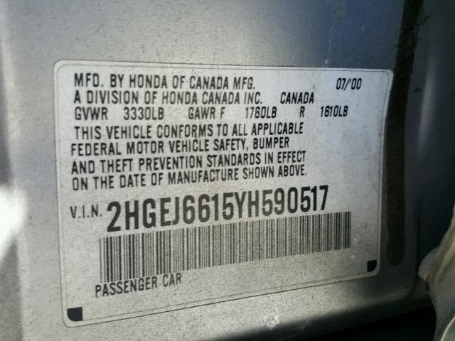 2HGEJ6615YH590517 - 2000 HONDA CIVIC BASE GRAY photo 10