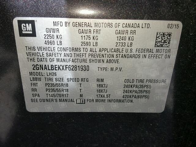 2GNALBEKXF6281930 - 2015 CHEVROLET EQUINOX LT CHARCOAL photo 10