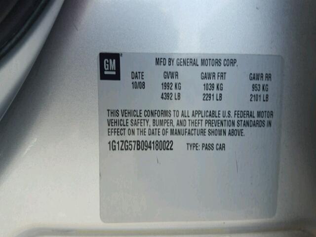 1G1ZG57B094180022 - 2009 CHEVROLET MALIBU LS SILVER photo 10