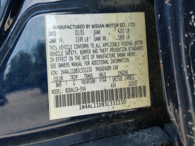 1N4AL11D85C331150 - 2005 NISSAN ALTIMA S BLUE photo 10