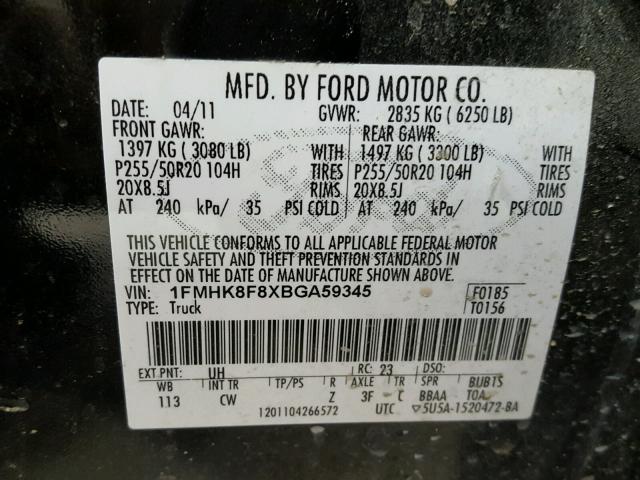 1FMHK8F8XBGA59345 - 2011 FORD EXPLORER L BLACK photo 10