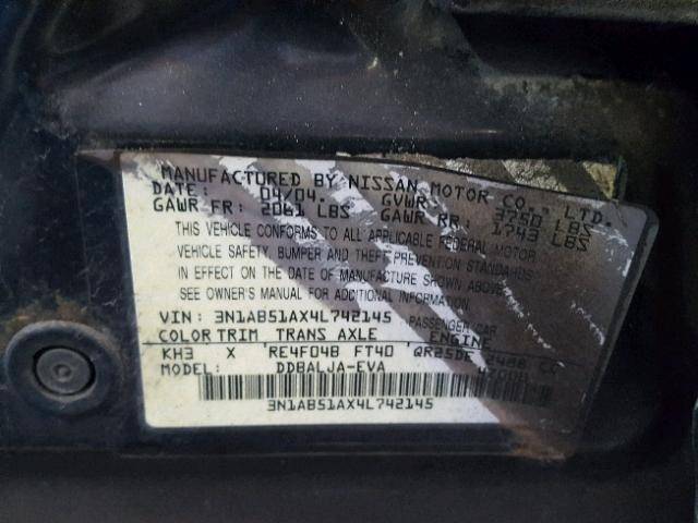 3N1AB51AX4L742145 - 2004 NISSAN SENTRA 2.5 BLACK photo 10