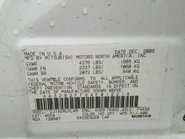 4A32B2FF6AE012214 - 2010 MITSUBISHI GALANT WHITE photo 10