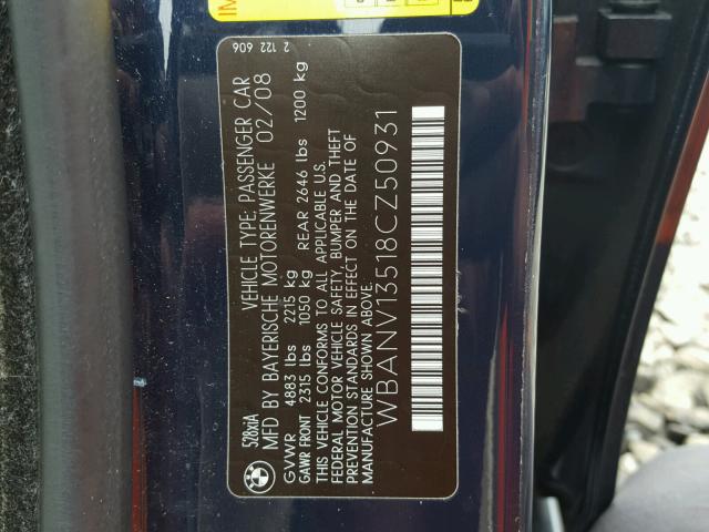 WBANV13518CZ50931 - 2008 BMW 528 XI BLUE photo 10