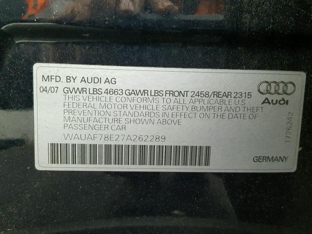 WAUAF78E27A262289 - 2007 AUDI A4 2 BLUE photo 10