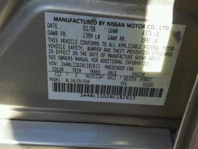 1N4BL11D26C182613 - 2006 NISSAN ALTIMA SE TAN photo 10