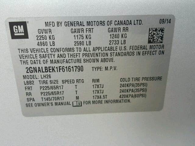 2GNALBEK1F6161790 - 2015 CHEVROLET EQUINOX LT SILVER photo 10