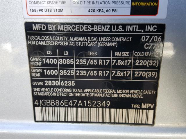 4JGBB86E47A152349 - 2007 MERCEDES-BENZ ML 350 SILVER photo 10