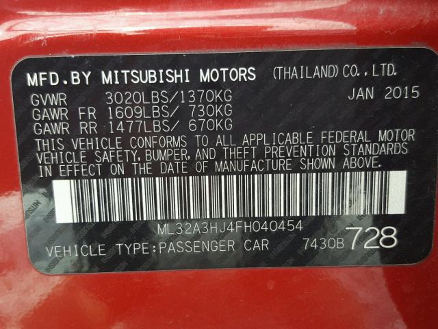 ML32A3HJ4FH040454 - 2015 MITSUBISHI MIRAGE DE RED photo 10