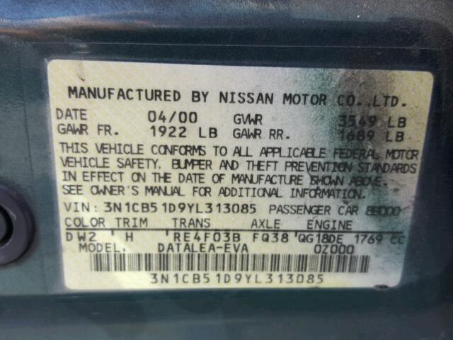 3N1CB51D9YL313085 - 2000 NISSAN SENTRA BAS GREEN photo 10