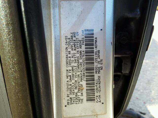 JTDBR32E442017614 - 2004 TOYOTA COROLLA CE SILVER photo 10