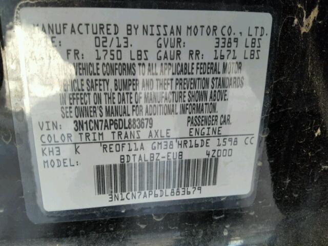 3N1CN7AP6DL883679 - 2013 NISSAN VERSA S BLACK photo 10