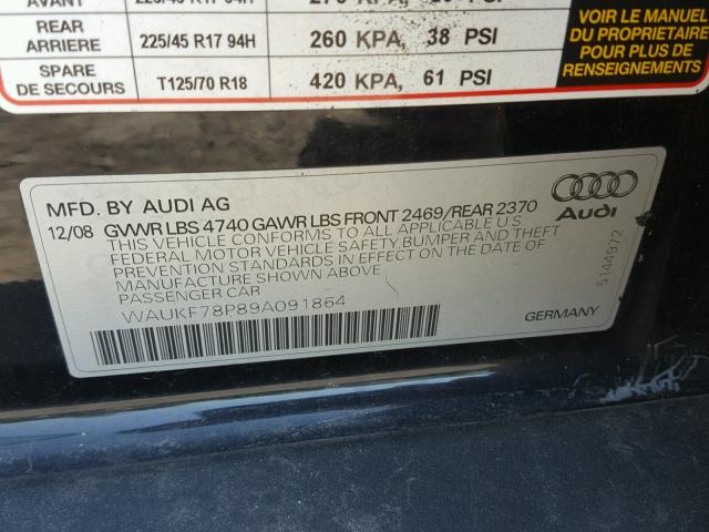 WAUKF78P89A091864 - 2009 AUDI A3 2.0T QU BLACK photo 10