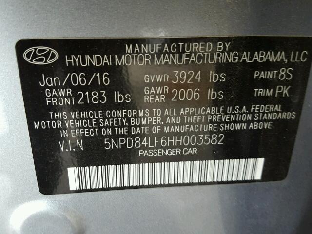 5NPD84LF6HH003582 - 2017 HYUNDAI ELANTRA SE GRAY photo 10