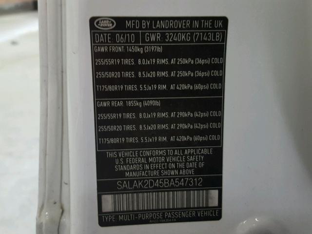 SALAK2D45BA547312 - 2011 LAND ROVER LR4 HSE LU WHITE photo 10