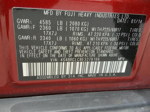 4S4BRCLC8E3278166 - 2014 SUBARU OUTBACK 2. RED photo 10