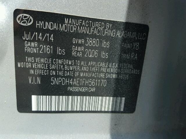 5NPDH4AE1FH561170 - 2015 HYUNDAI ELANTRA SE SILVER photo 10