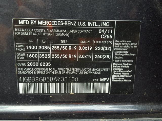 4JGBB8GB5BA733100 - 2011 MERCEDES-BENZ ML 350 4MA BLACK photo 10