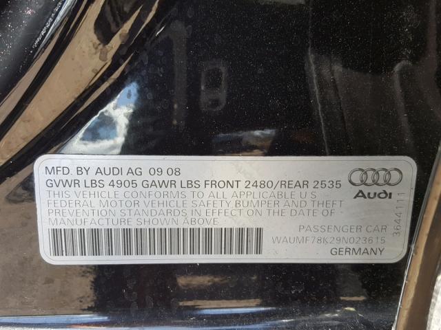 WAUMF78K29N023615 - 2009 AUDI A4 PRESTIG BLACK photo 10