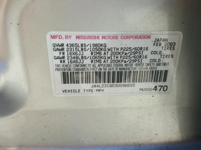 JA4LZ31G03U096655 - 2003 MITSUBISHI OUTLANDER SILVER photo 10