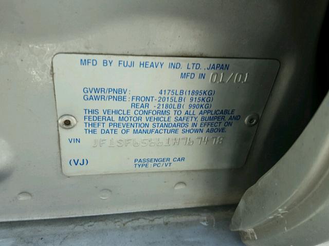 JF1SF65661H767478 - 2001 SUBARU FORESTER S SILVER photo 10