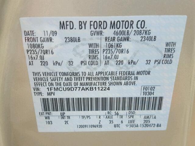 1FMCU9D77AKB11224 - 2010 FORD ESCAPE XLT BEIGE photo 10