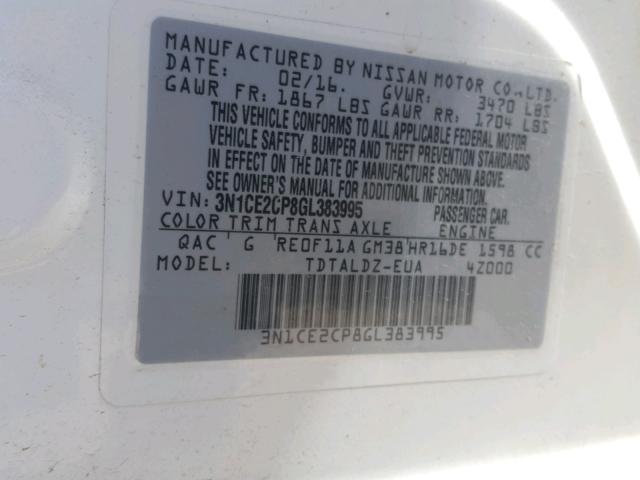 3N1CE2CP8GL383995 - 2016 NISSAN VERSA NOTE WHITE photo 10