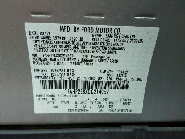 1FAHP2E8XDG214957 - 2013 FORD TAURUS SILVER photo 10